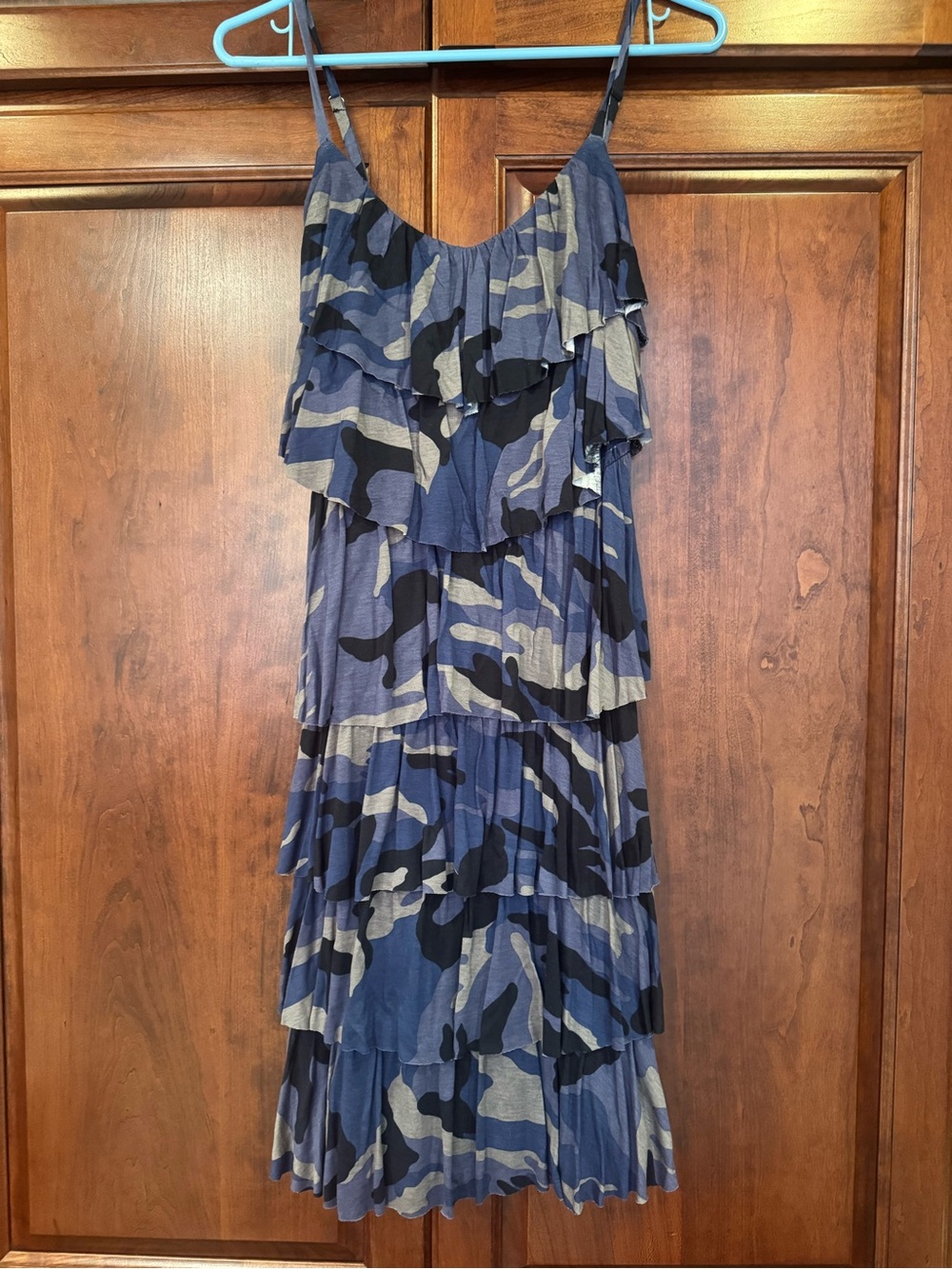 INC International Concepts Blue and Black Camouflage Tiered Midi Dress